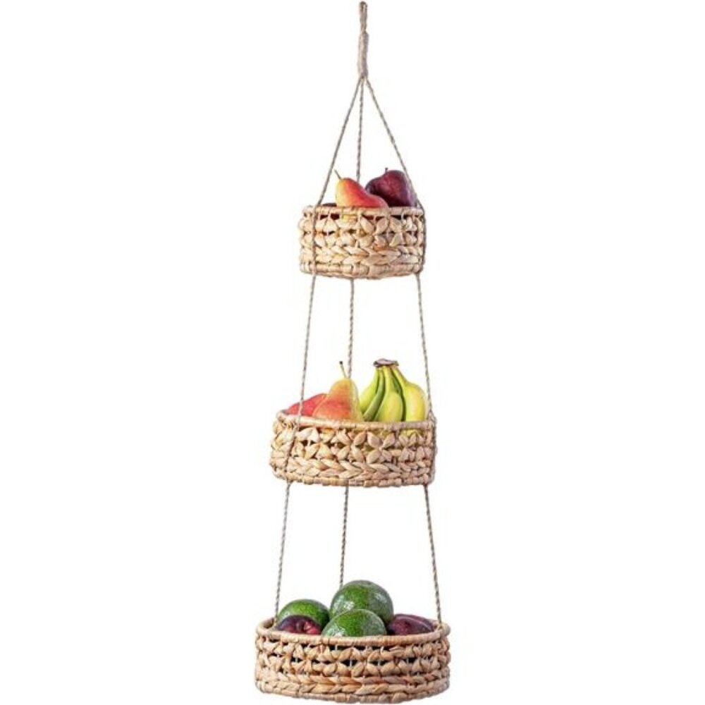 Hanging Fruit Basket 3 Tier for Kitchen,Handmade Natural Rattan Handwoven Wicker